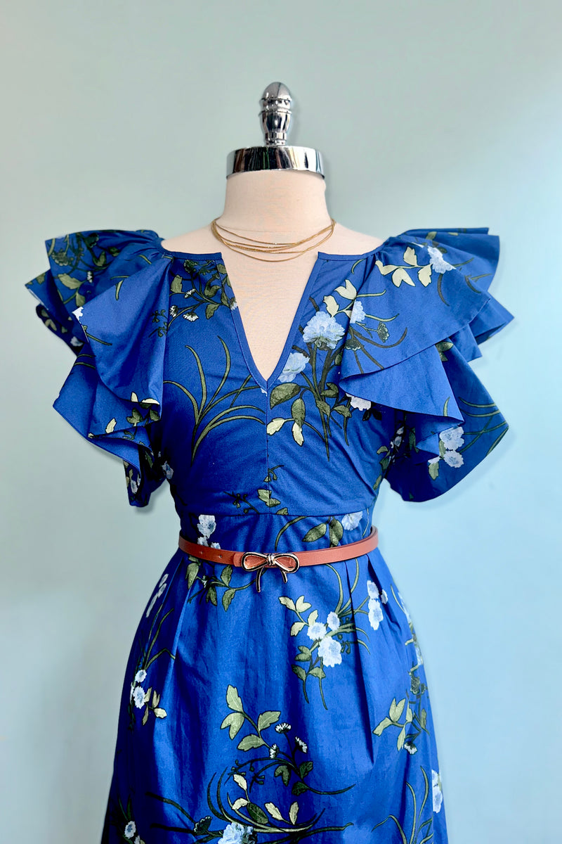 Statement Flutter Sleeve Blue and Green Floral Midi Dress  Modern Millie