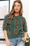 Green Embroidered Short Sleeve Sweater