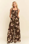 Daisy Smocked Wide Leg Jumpsuit in Mocha Brown