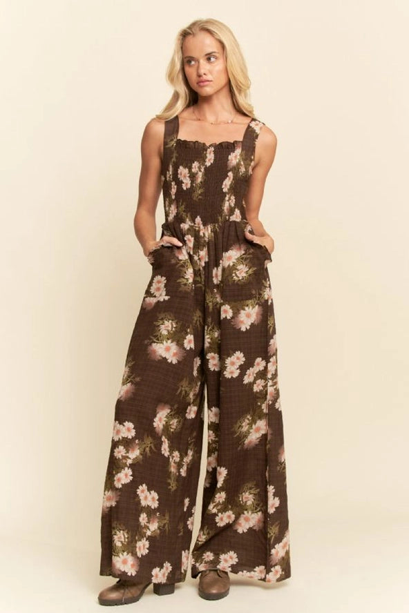 Daisy Smocked Wide Leg Jumpsuit in Mocha Brown