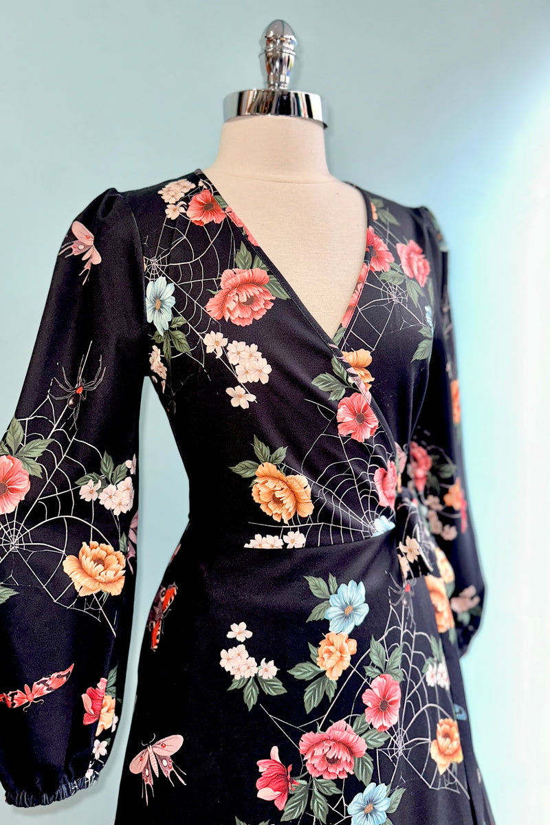 Floral Moth and Web Midi Wrap Dress by Voodoo Vixen
