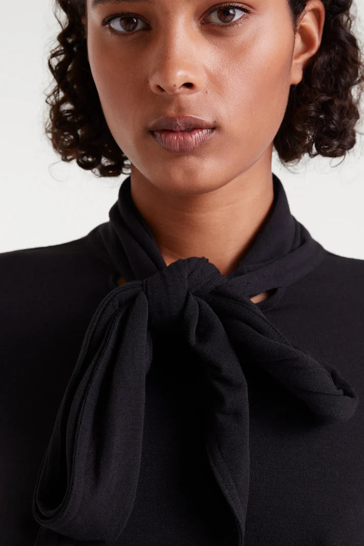 Black Long Sleeve Tie Neck Jersey Top by Compania Fantastica