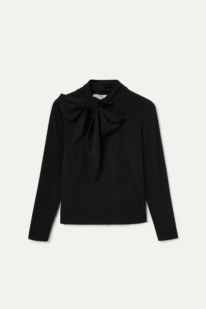Black Long Sleeve Tie Neck Jersey Top by Compania Fantastica