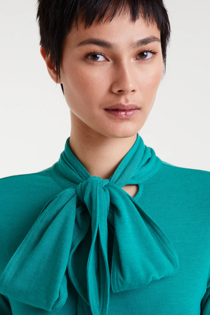 Teal Green Long Sleeve Tie Neck Jersey Top by Compania Fantastica