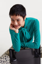 Teal Green Long Sleeve Tie Neck Jersey Top by Compania Fantastica