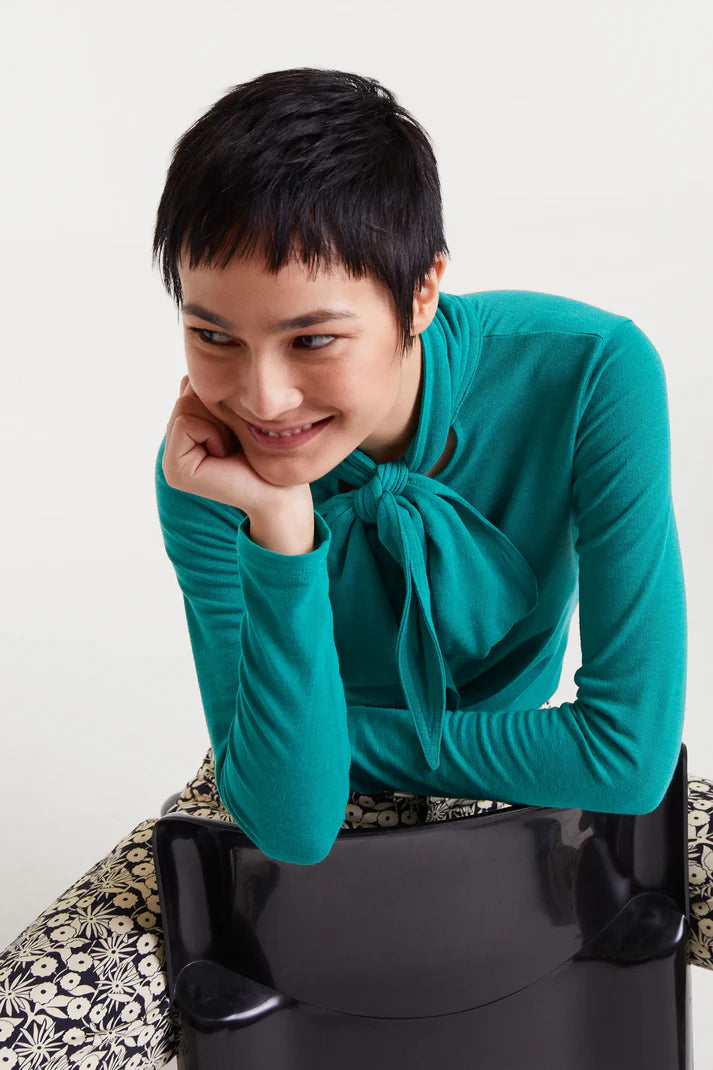 Teal Green Long Sleeve Tie Neck Jersey Top by Compania Fantastica