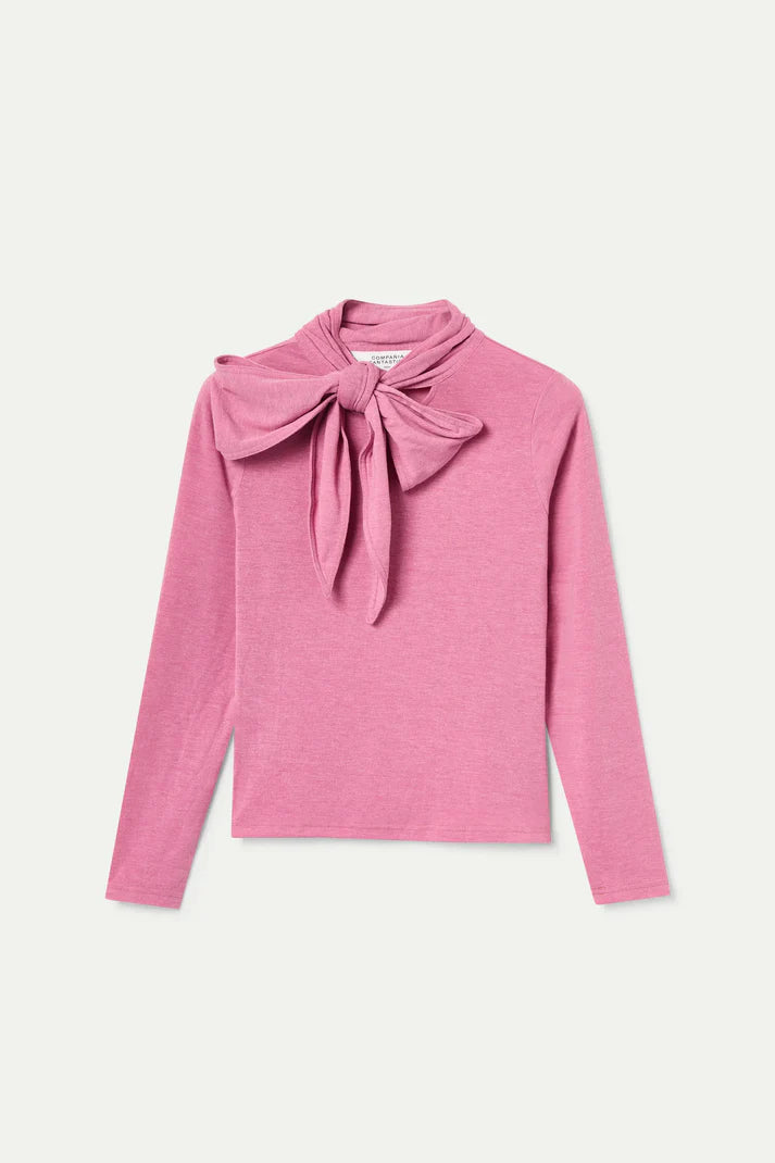 Pink Long Sleeve Tie Neck Jersey Top by Compania Fantastica