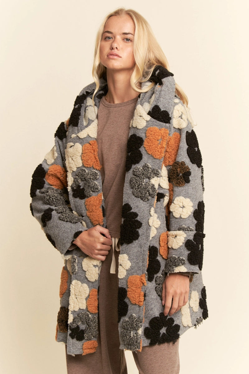 Grey Hoodie Jacket with Fluffy Flowers