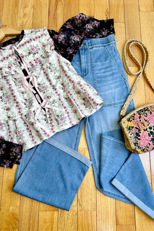 Chambray Elastic Waist Wide Leg Utility Pants by 1822 Denim
