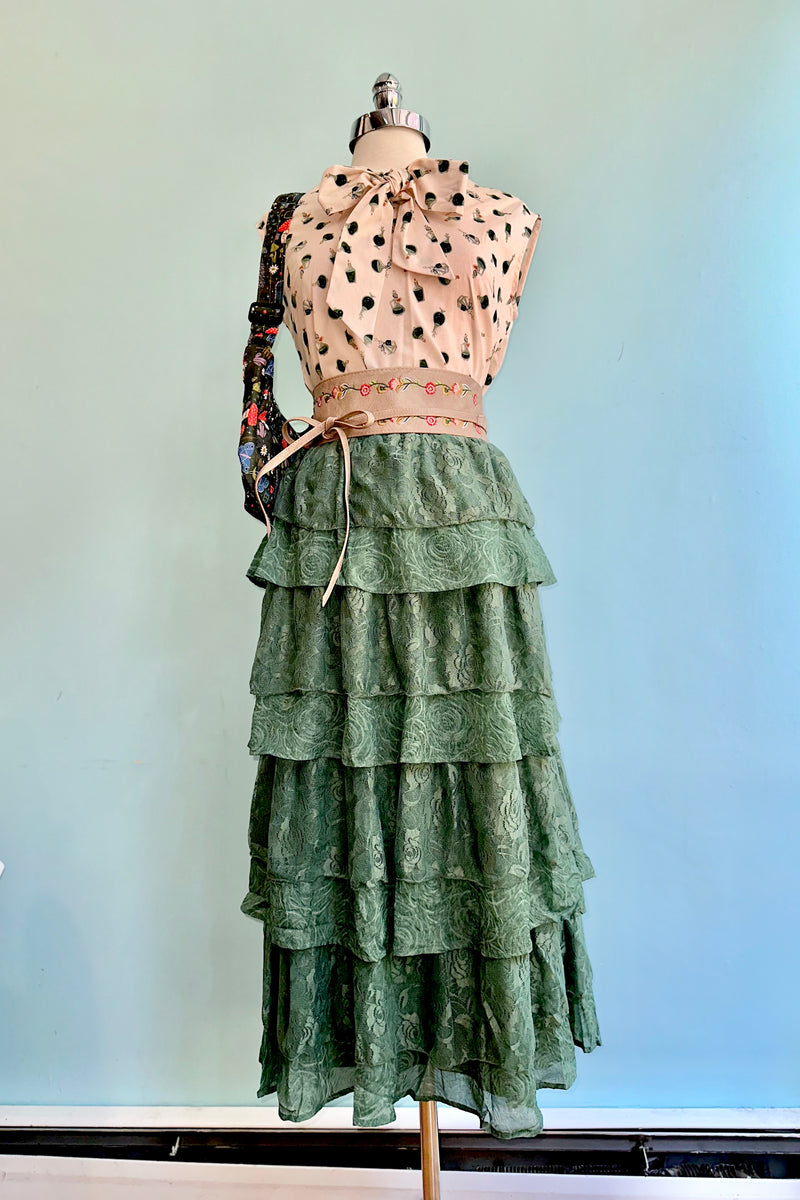 Eucalyptus Tiered Lace and Rose Jacquard Mesh Midi Skirt