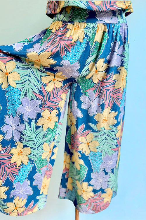 Blue Floral Printed Two Piece Set Top and Pants