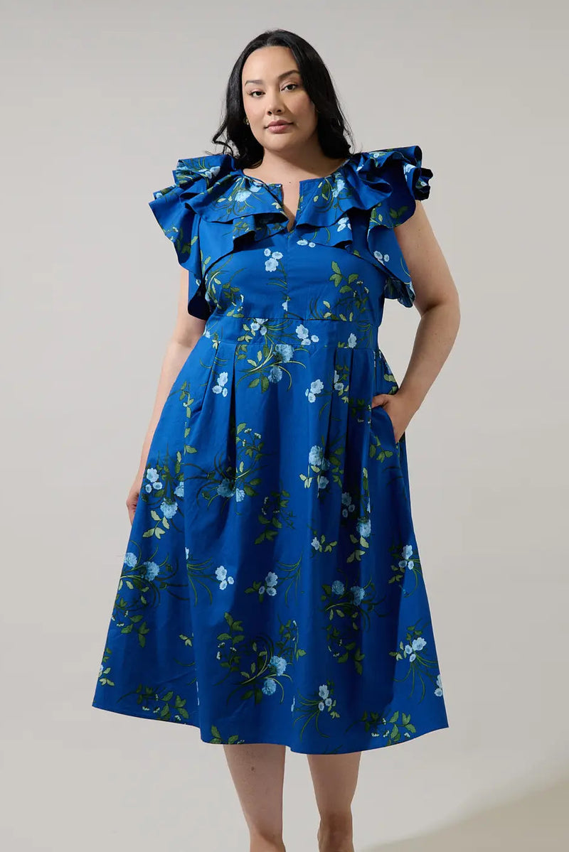 Statement Flutter Sleeve Blue and Green Floral Midi Dress – Modern Millie
