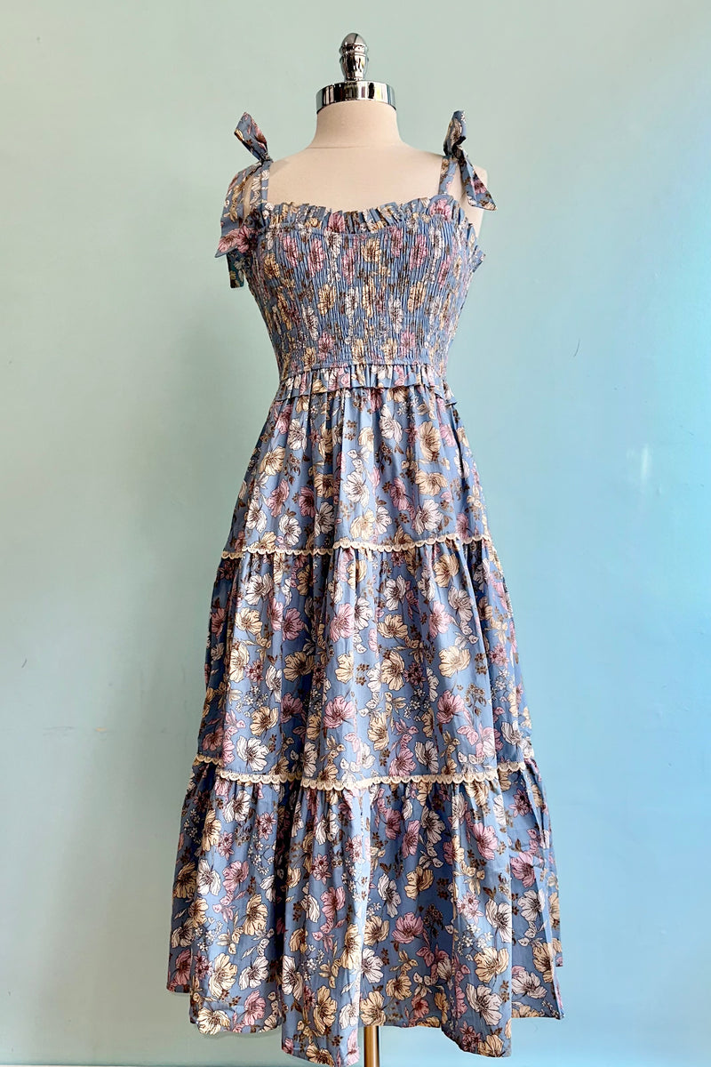 Denim Blue Smocked Floral Midi Dress