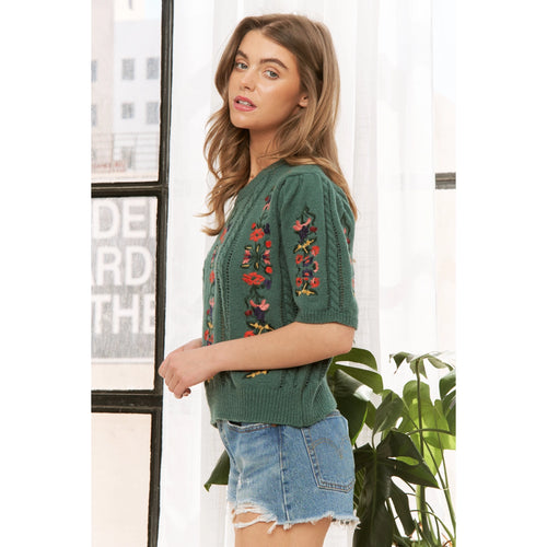Green Embroidered Short Sleeve Sweater