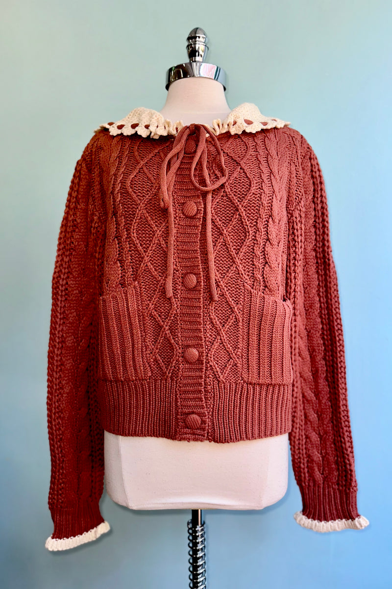 Contrast Crochet Collar Cardigan in Terracotta