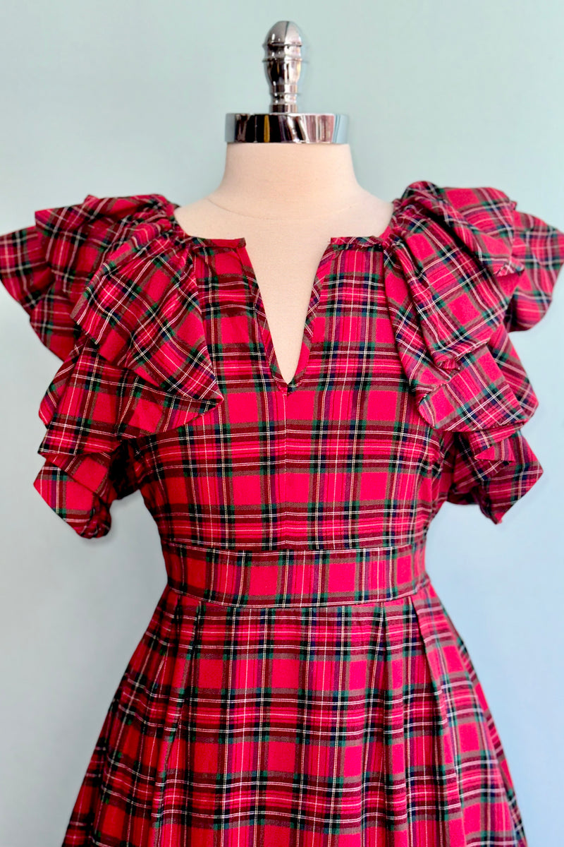 Red Plaid Ruffle Sleeve Wilma Mini Dress