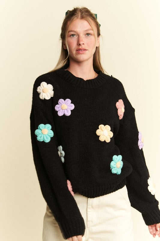3D Flower Pullover Sweater in Black