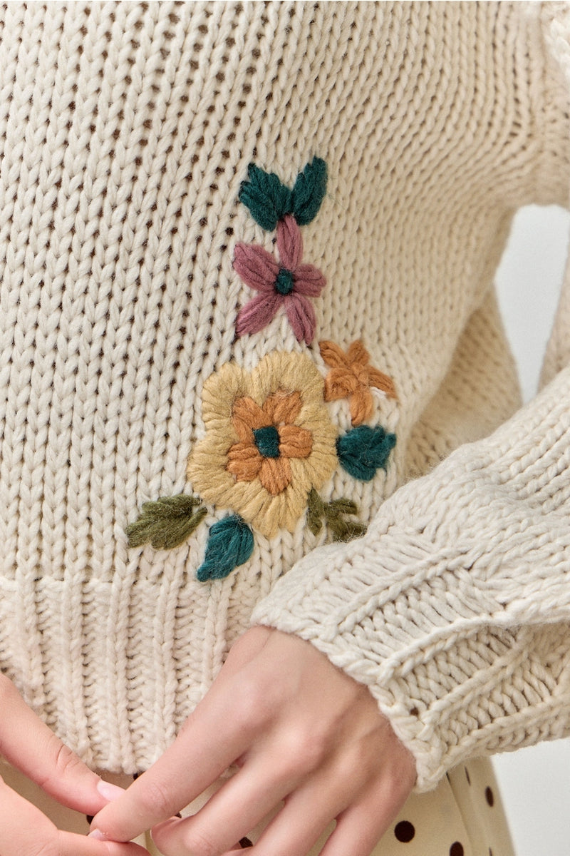 Embroidered Floral Ivory Pullover Sweater