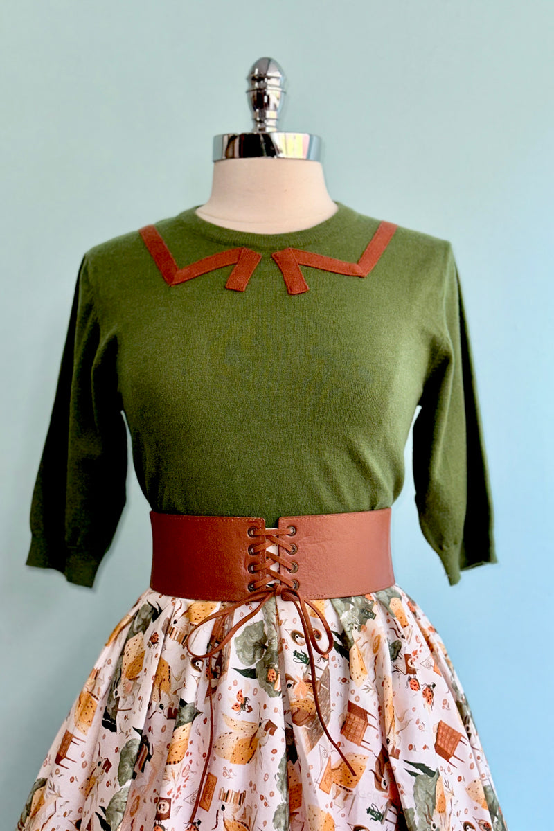 Olive Green Sweater with a Bow Collar Detail by Tulip B.