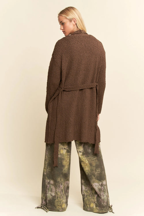 Brown Long Boucle Belted Open Cardigan