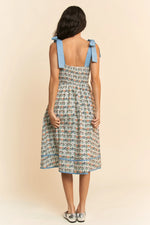 Cat Faces Tie Shoulder Smocked Midi Dress