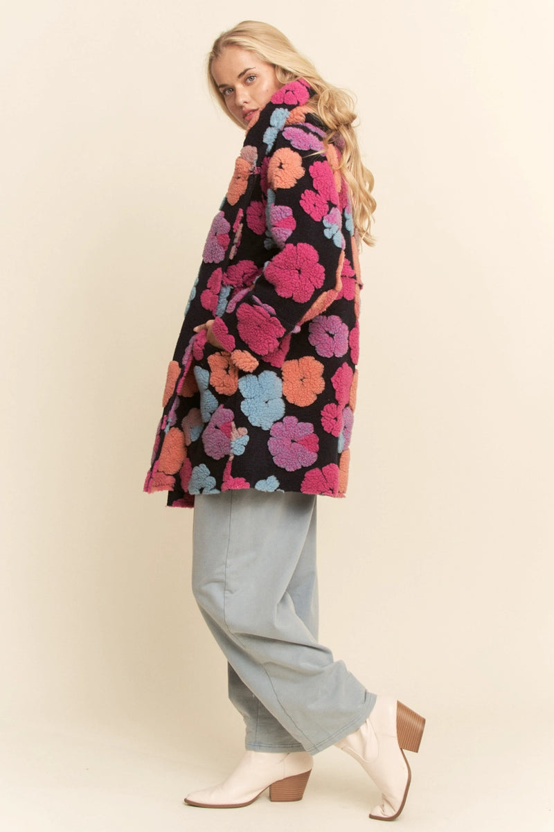 Navy Hoodie Jacket with Fluffy Flowers