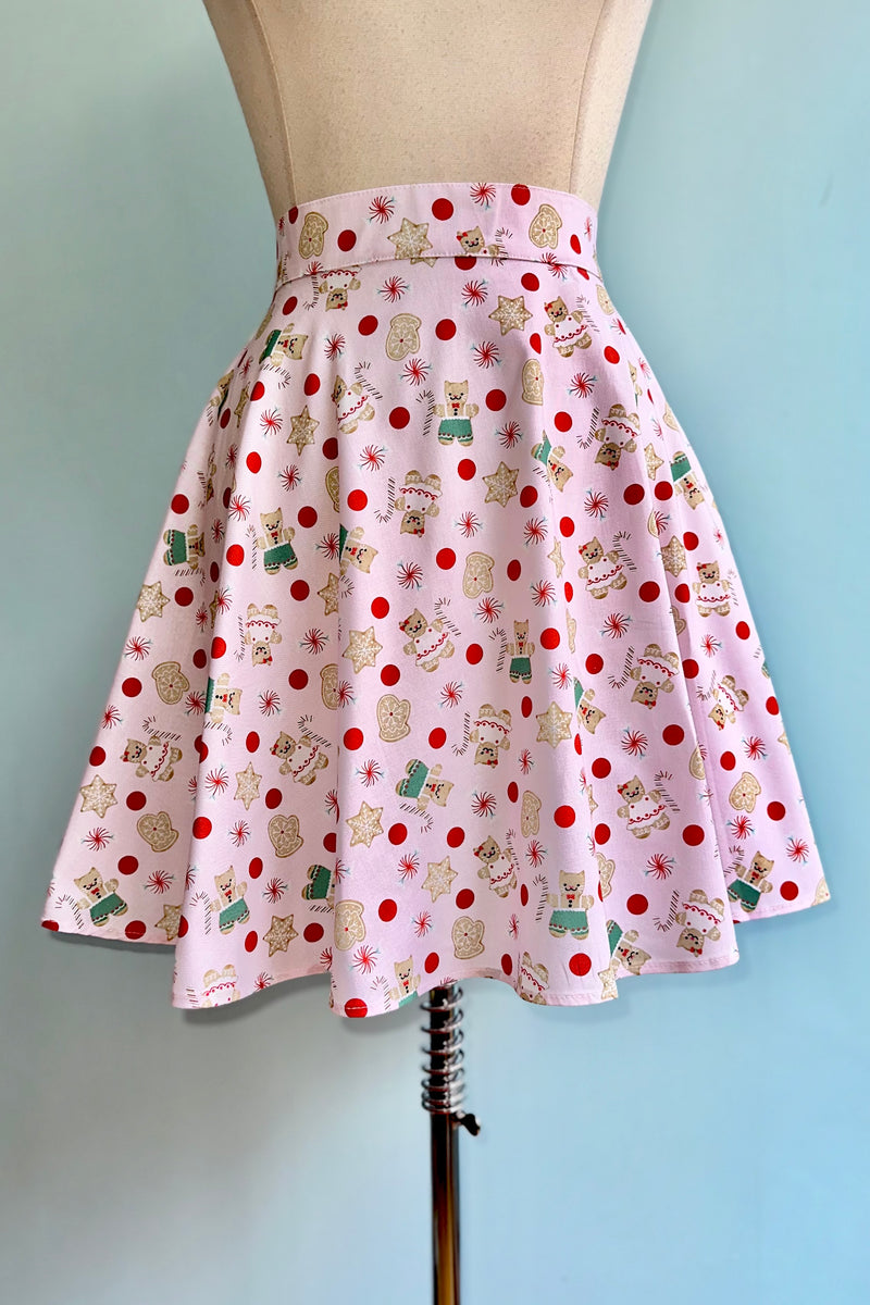 Pink Gingerbread Kitties Skater Skirt by Retrolicious