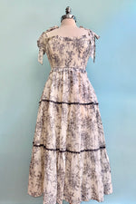 Charcoal and White Toile Smocked Midi Dress