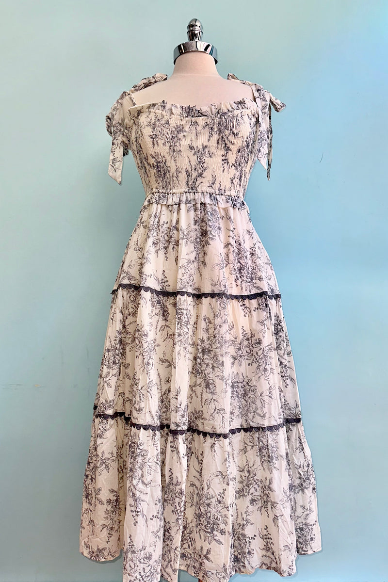 Charcoal and White Toile Smocked Midi Dress