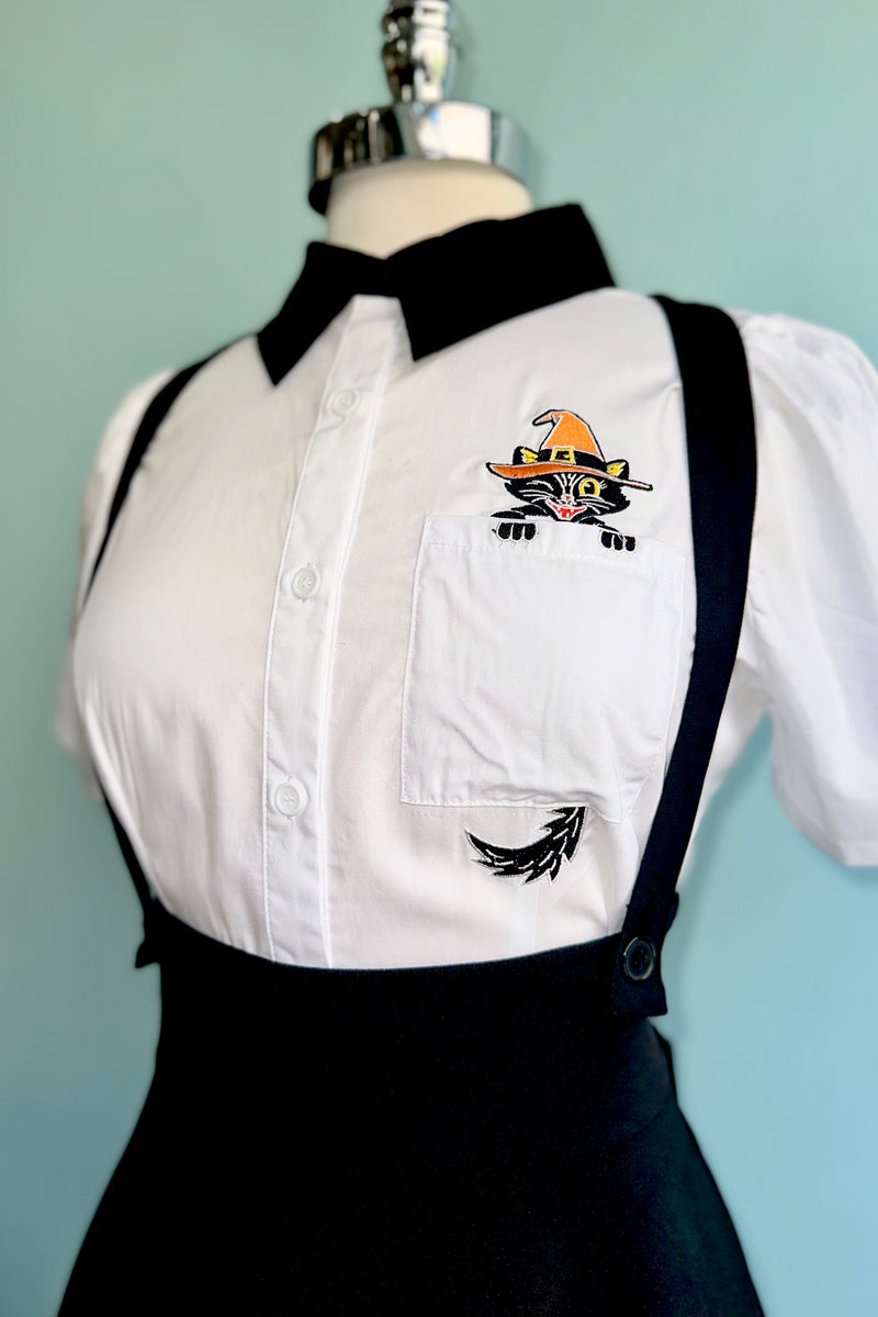 Black Cat Pocket Button Down Blouse