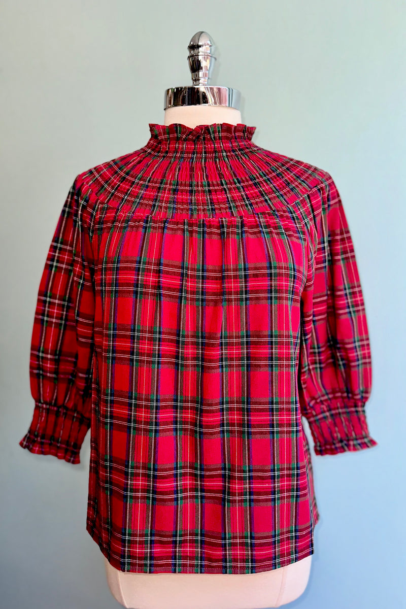 Red Plaid Smocked Verity Top