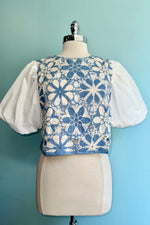 Blue Crocheted Bodice Balloon Sleeve Top