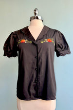Black Pumpkin Embroidery Puff Sleeve Blouse
