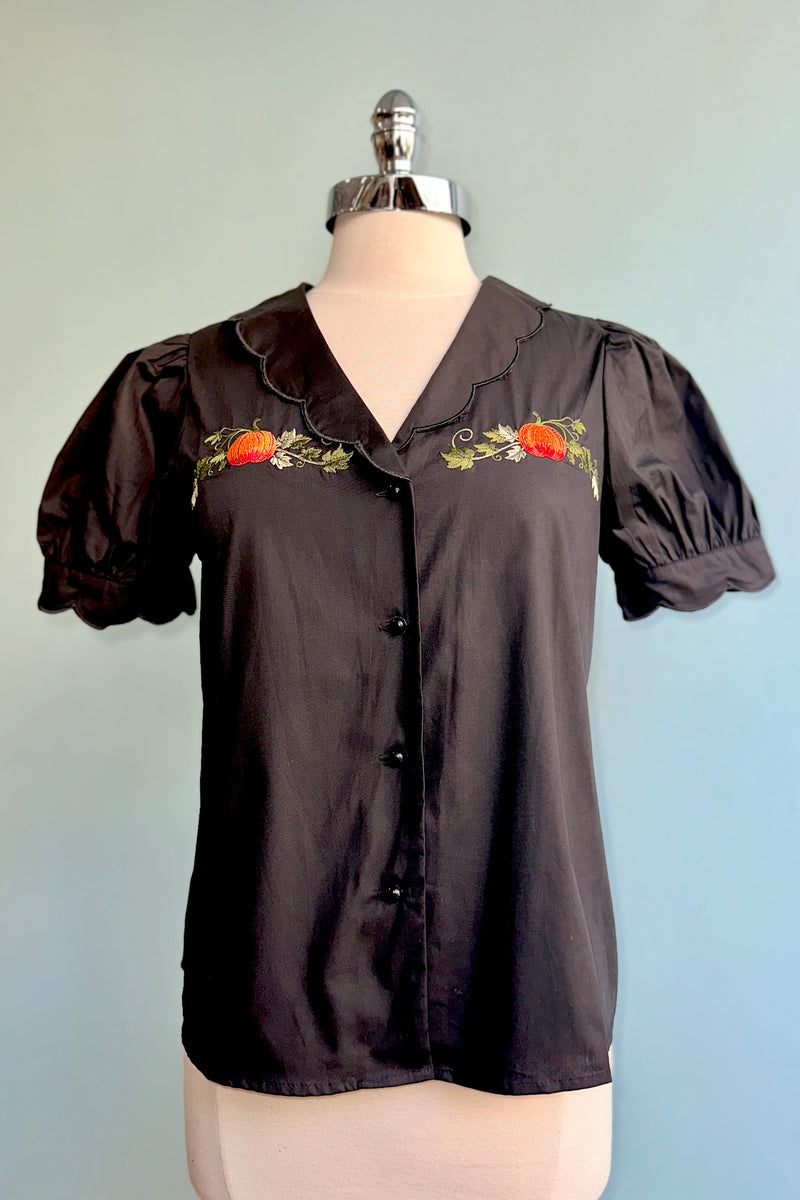 Black Pumpkin Embroidery Puff Sleeve Blouse