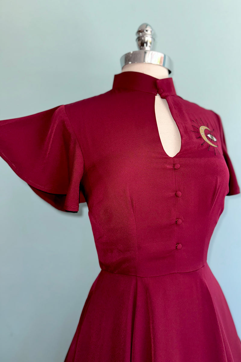 Burgundy Evil Eye Flutter Sleeve Dress