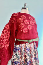 Crimson Embroidered Flower Detail Knit Sweater