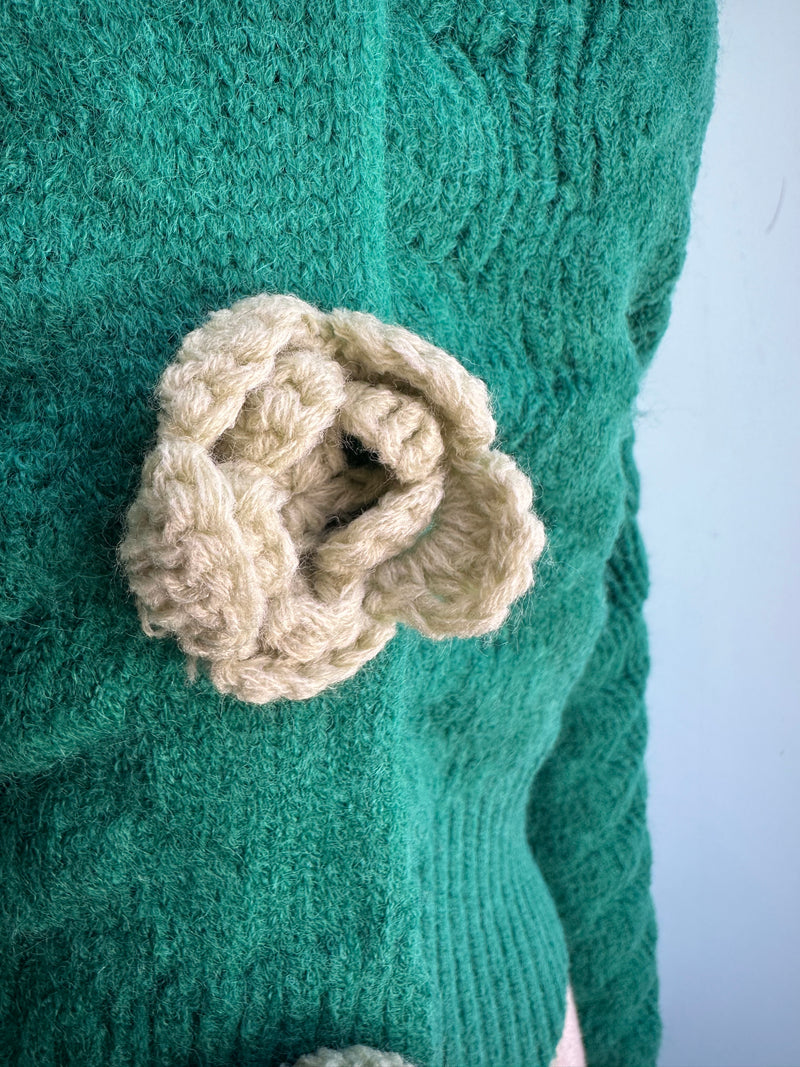 Green Knit Cardigan with Rosette Detail