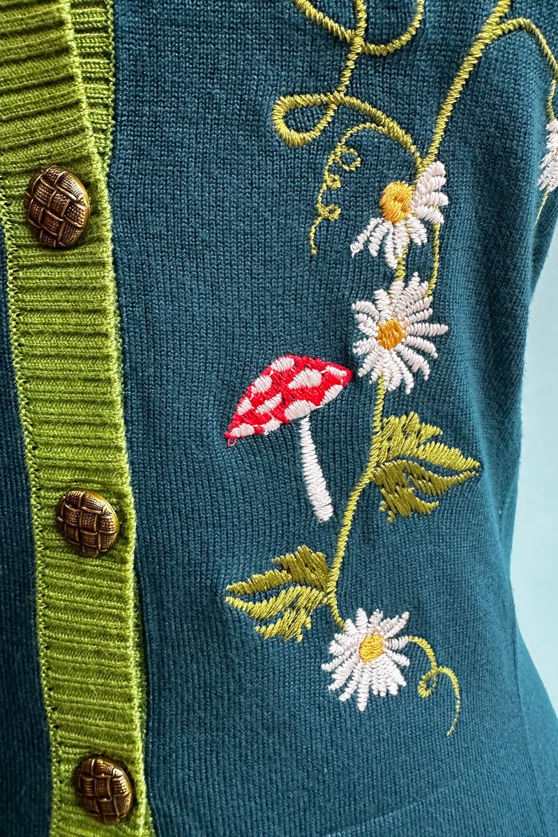 Teal Mushroom & Daisy Embroidered Cardigan