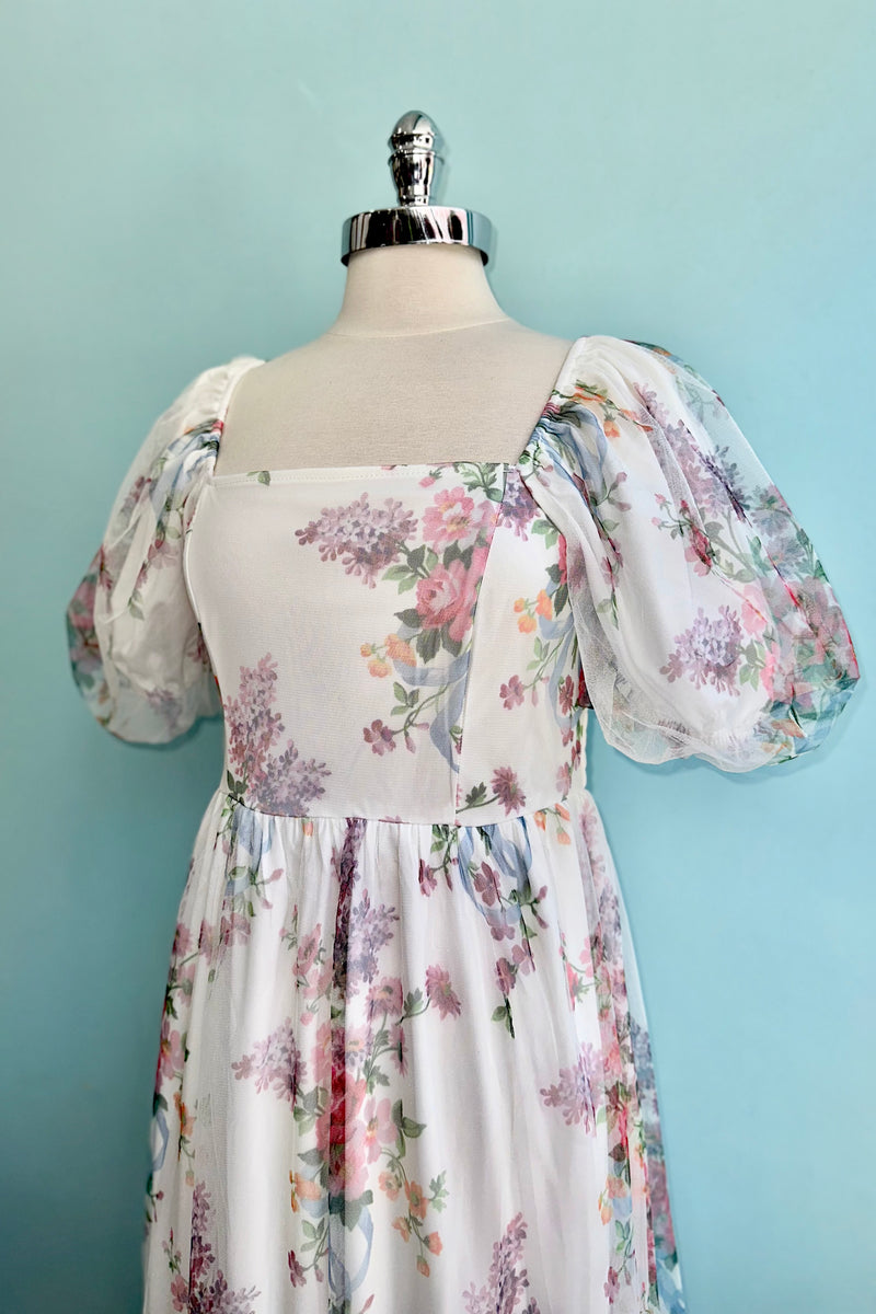 Floral Tulle Smocked Midi Dress