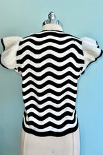 Black and Ivory Wave Ruffle Sleeveless Sweater