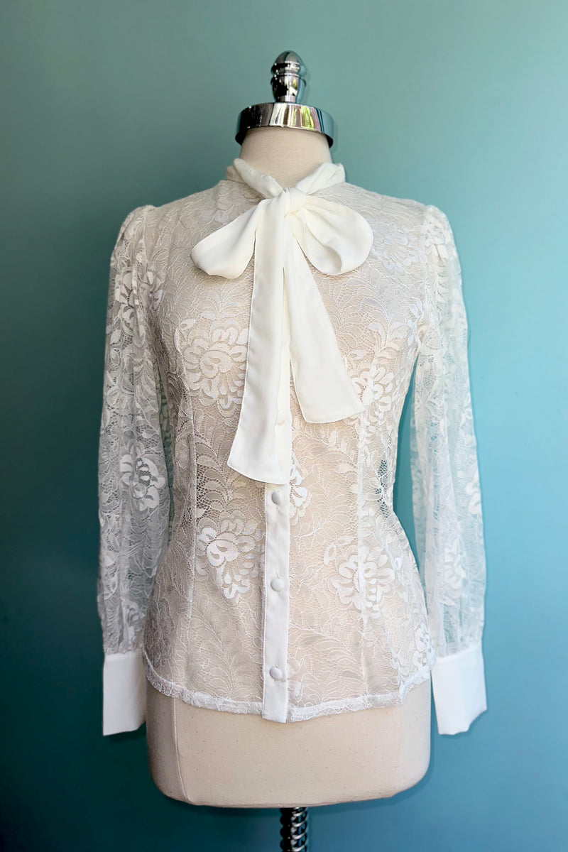 Ivory Lace Tie-Neck Blouse