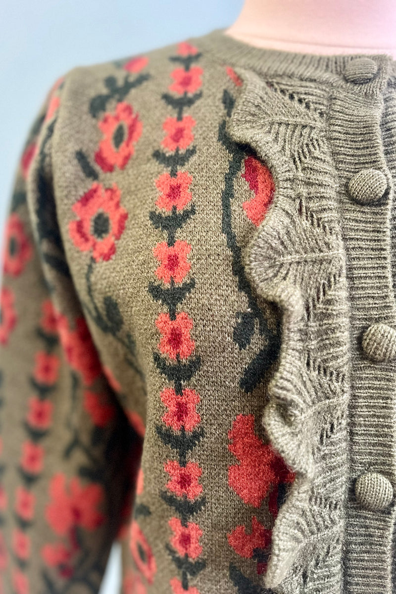 Olive Flower Print Puff Sleeve Cardigan