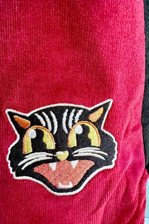 Burgundy and Black Spooky Cat Corduroy Mini Skirt