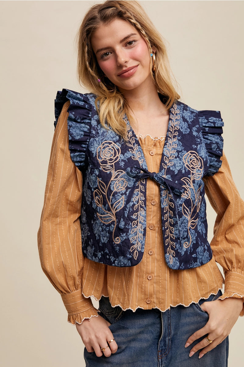 Floral Denim Quilted Tie Front Vest