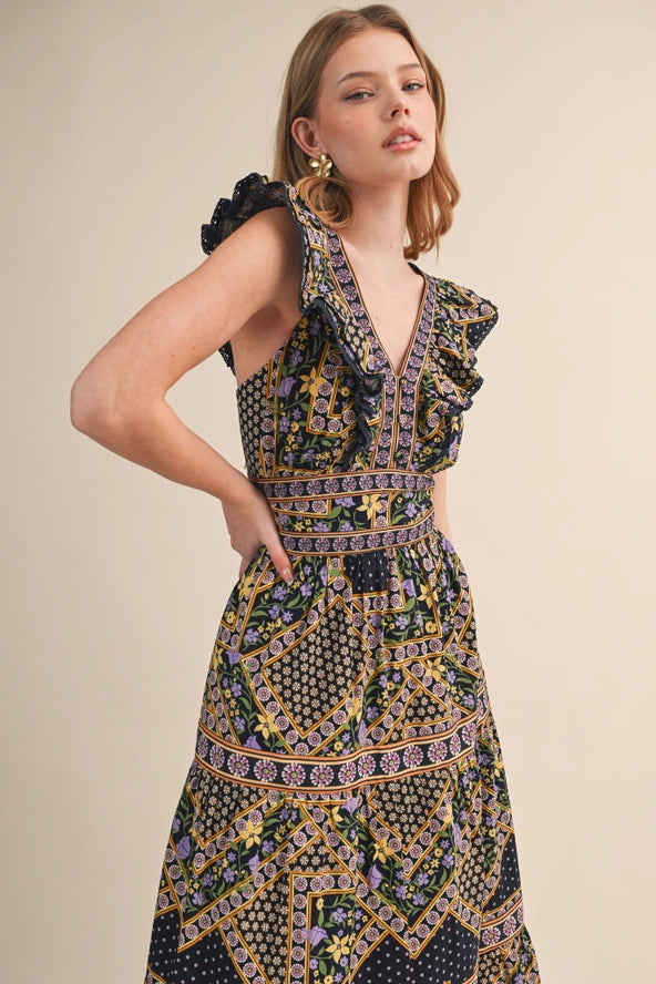 flutter sleeve midi dress Navy Patchwork Flutter Sleeve Midi Dress Small