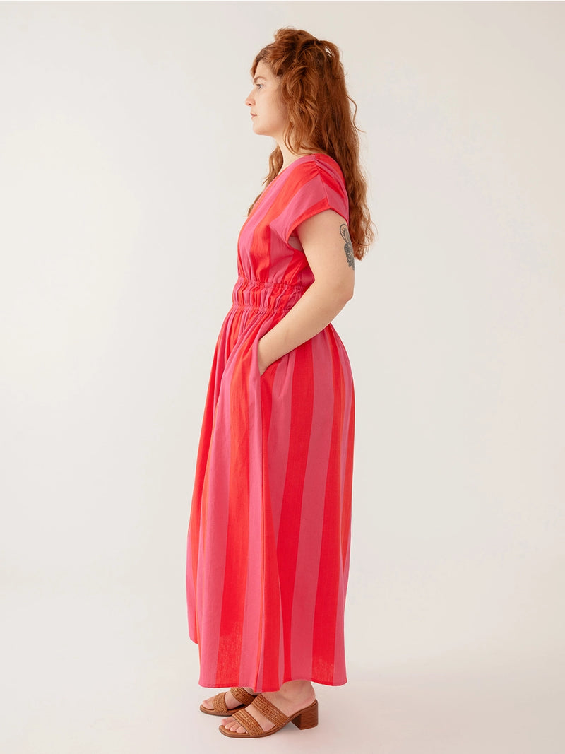 pink and red linen dress Linen Three Quarter Sleeve Maxi Shirt Dress - Blossom Pink
