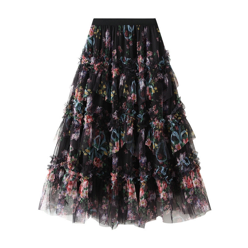 Ruffle and Floral Tulle Skirt in Black