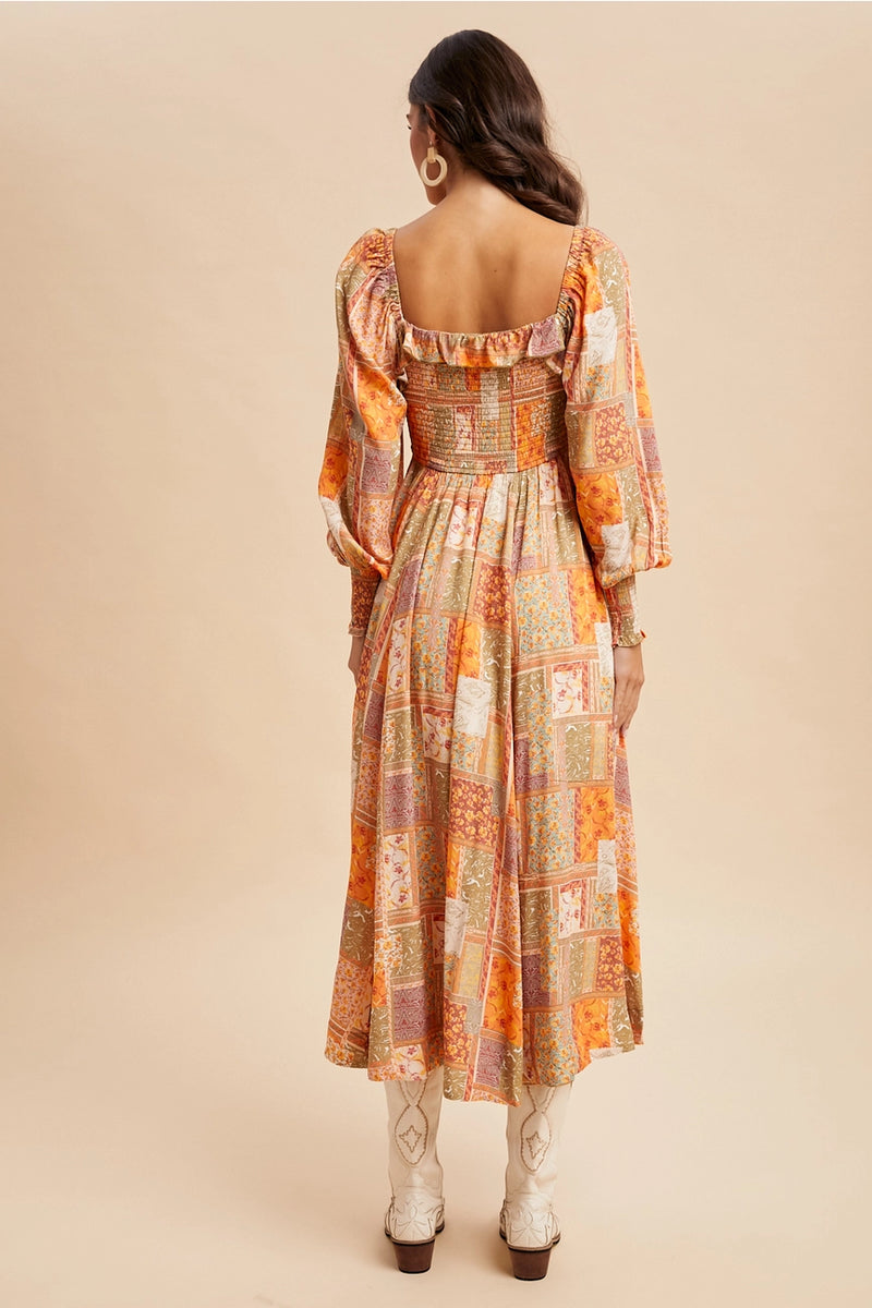 Smocked Ruffled Patchwork Maxi Dress
