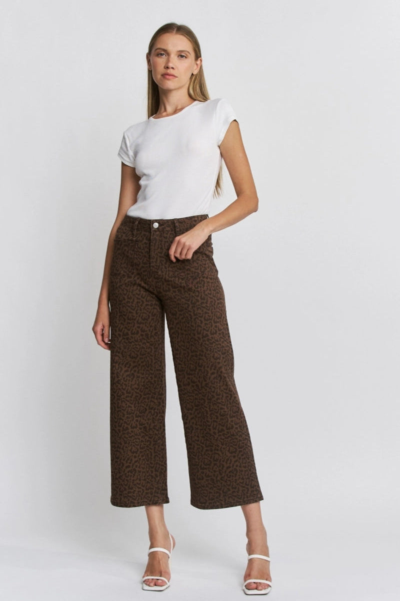 Patch Pocket Cropped Wide Leg Leopard Jeans by Mica Denim