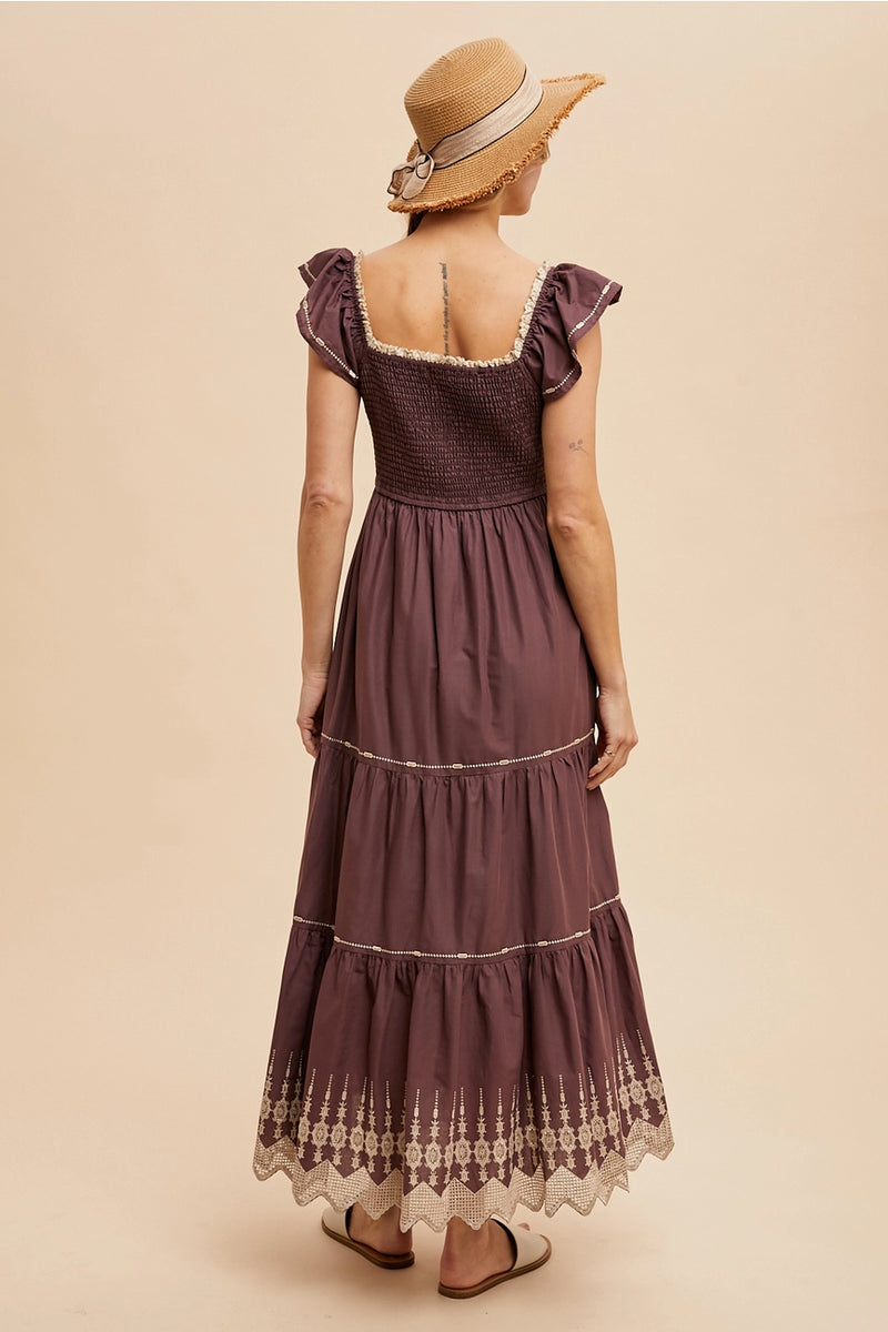 Flutter Sleeve Brown Smocked and Embroidered Maxi Dress